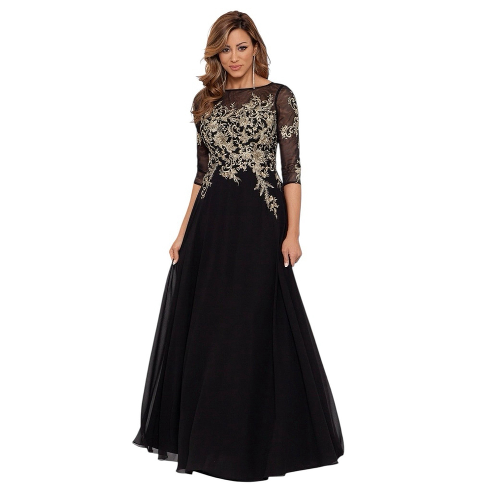 BETSY & ADAM Brooklyn Floral Embroidered Gown Black & Gold Size 6